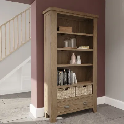Solid Oak Bookcase with Basket Drawers 100cm Wide