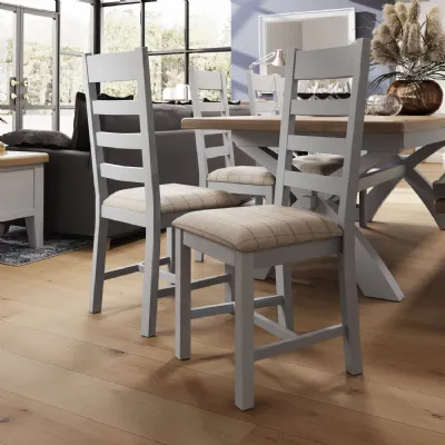 HOP Dining Grey Slatted Chair with Fabric Seat in Check Natural