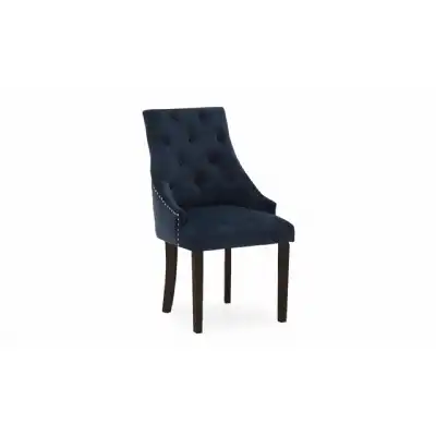 Dark Blue Buttoned Velvet Dining Chair Dark Wood Legs