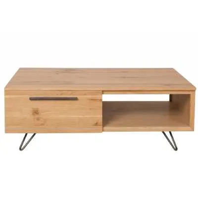 Industrial Style Timber And Metal 2 Drawer Living Room Coffee Table With Open Shelf And Hairpin Legs 45 x 120cm