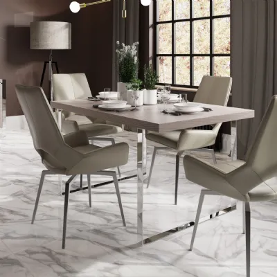 1.4m Small Dining Table Silver Grey Oak Top Chrome Legs