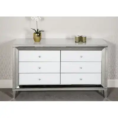 White and Mirrored Glass Large Chest of 6 Drawers