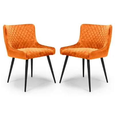 Set Of 6 Orange Quilted Fabric Dining Chairs Black Legs