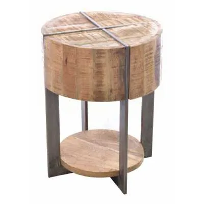 Small Round Metal and Wood Lamp Table
