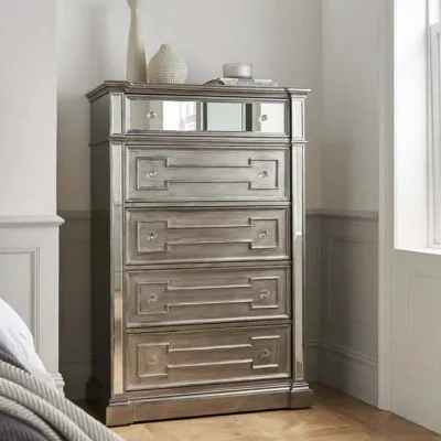 Modern Silver Wooden 5 Drawer Tall Dressing Chest