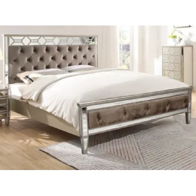 Silver Mirrored Glass Upholstered Double Bed