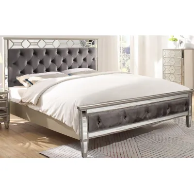 Silver Mirrored Glass Upholstered King Size Bed