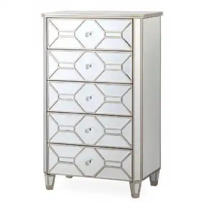 Silver and Gold Mirrored Glass Tall Chest of 5 Drawers