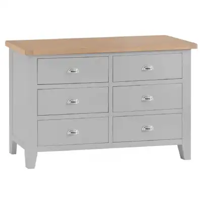 Grey Lime Washed Oak Top Wide Chest of 6 Drawers