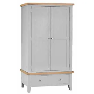 Modern Style Oak Wood Grey Painted Large 2 Door Wardrobe With Drawer 195 x 110cm