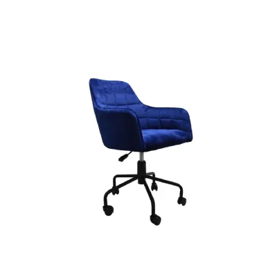 Blue Velvet Quilted Design Swivel Office Chair Black Base