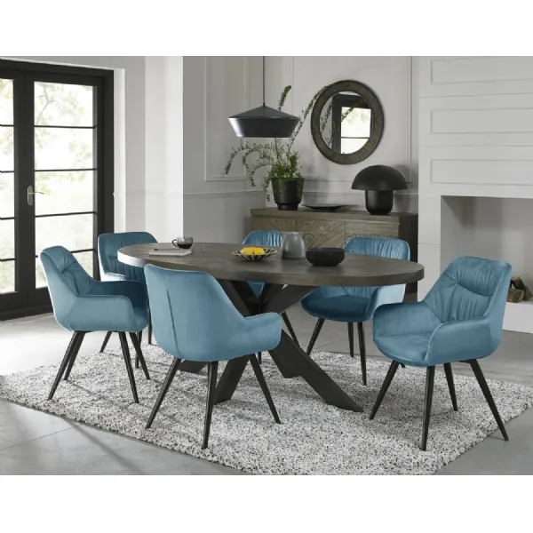 Dark Oak Oval Dining Table Set 6 Blue Velvet Chairs