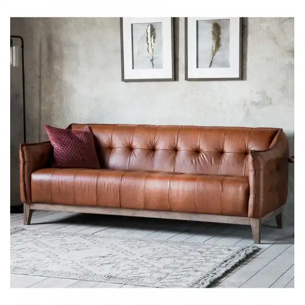 Tan Brown Leather Buttoned Back 3 Seater Sofa