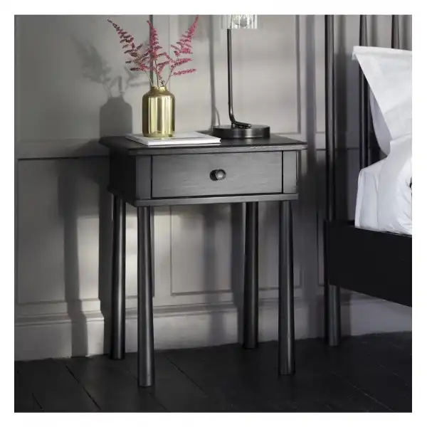Black Painted Ash Wood 1 Drawer Bedside Table Cabinet Nightstand