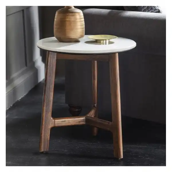 White Marble And Acacia Wood Round Side Table