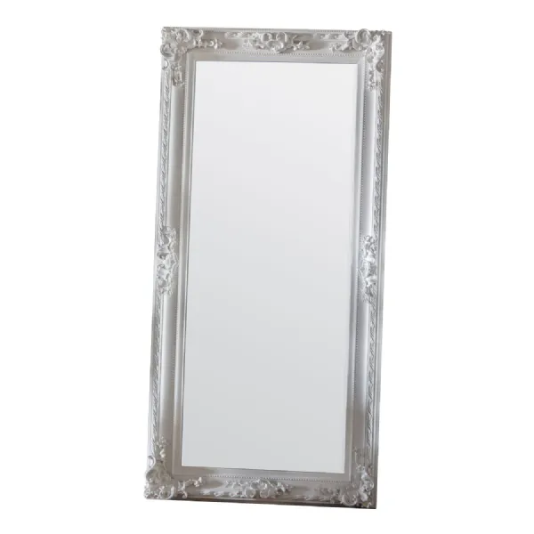 Tall White Painted Ornate Carved Leaner Floor Mirror