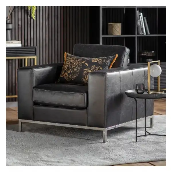 Black Leather Sofa Armchair Chrome Metal Base