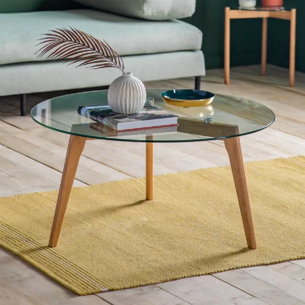 Light Oak 90cm Round Coffee Table with Glass Top