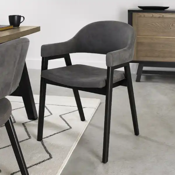 Dark Grey Velvet Fabric Dining Arm Chair Black Legs