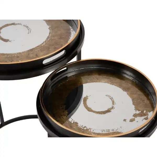 Black and Gold Round Swirl Nest of 2 Tray Top Tables