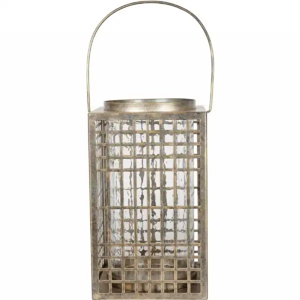 Fretwork Square Lantern in Aged Gold with Glass Flute
