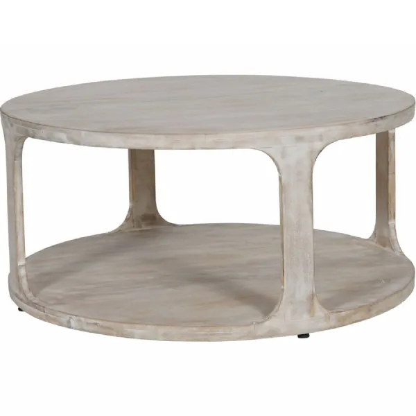 Whitewash Mango Wood Round Carved Open Coffee Table