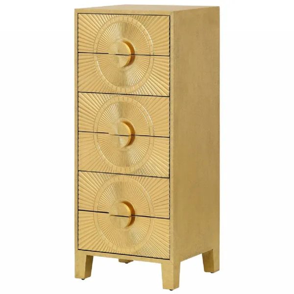 Coco Gold Embossed Metal Six Drawer Tall Boy