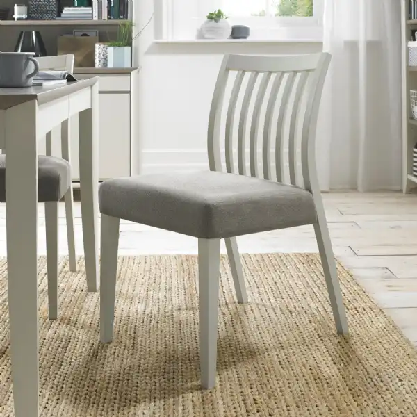 Dining Chair Grey Painted Low Slat Back Grey Fabric Seat Pad