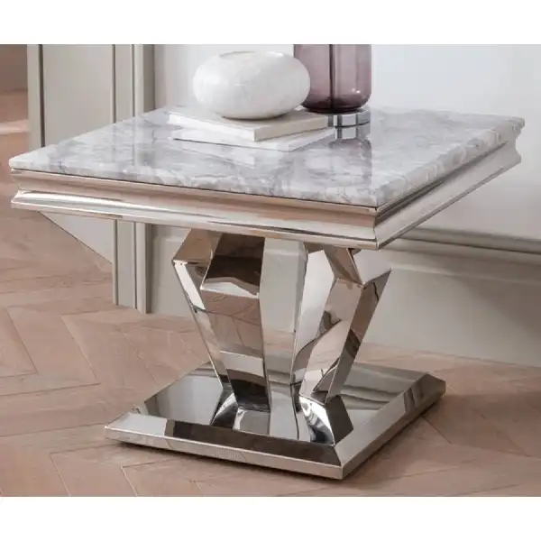 Square Marble and Metal Lamp Table in Grey 55cm Tall