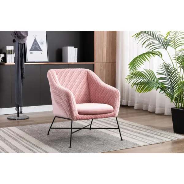 Pink Quilted Velvet Fabric Chair Slim Metal Leg Frame