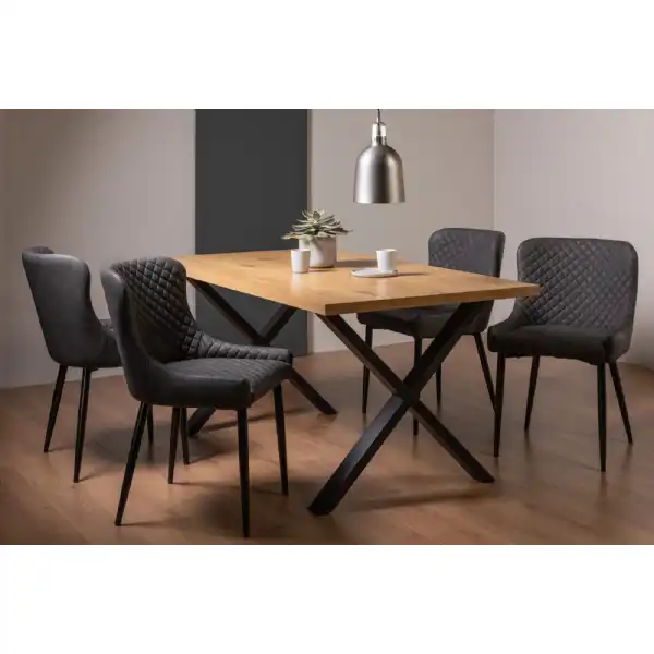 Oak Dining Table Set 4 Dark Grey Leather Chairs