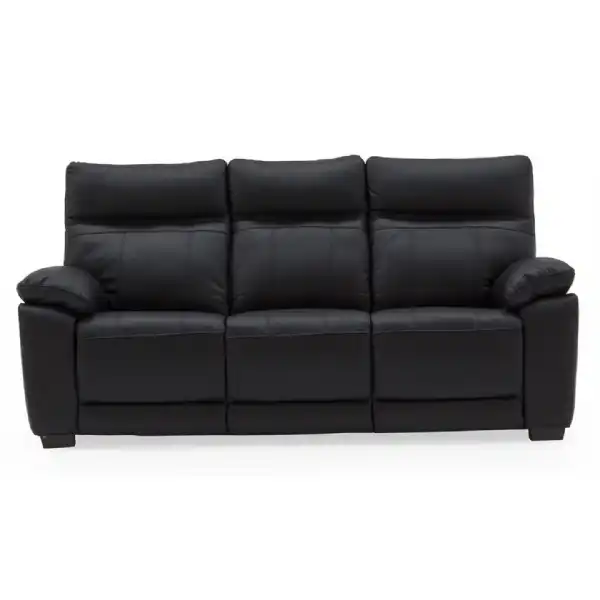 Black Leather 3 Seater Fixed Sofa with Arm Pads