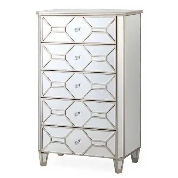Silver and Gold Mirrored Glass Tall Chest of 5 Drawers