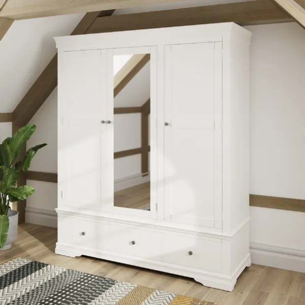 White Painted Triple Wardrobe with Mirror