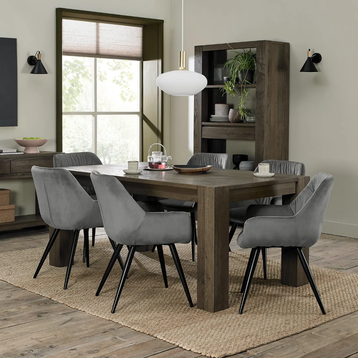 Dark Oak 180cm Dining Table Set Grey Velvet Fabric Chairs