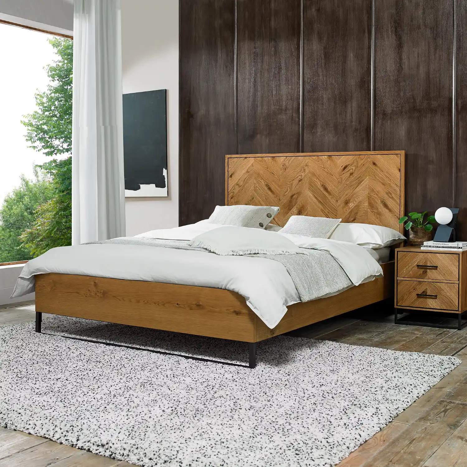 Rustic Oak 5ft King Size Bed Chevron Patterned Headboard