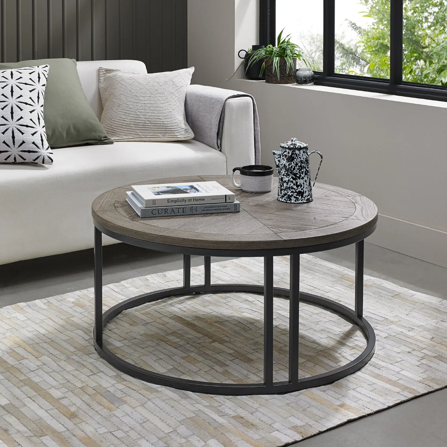 Silver Grey Wood Top Round Coffee Table Metal Base