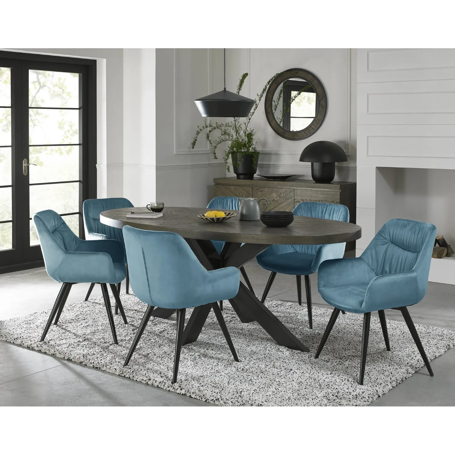 Dark Oak Oval Dining Table Set 6 Blue Velvet Chairs