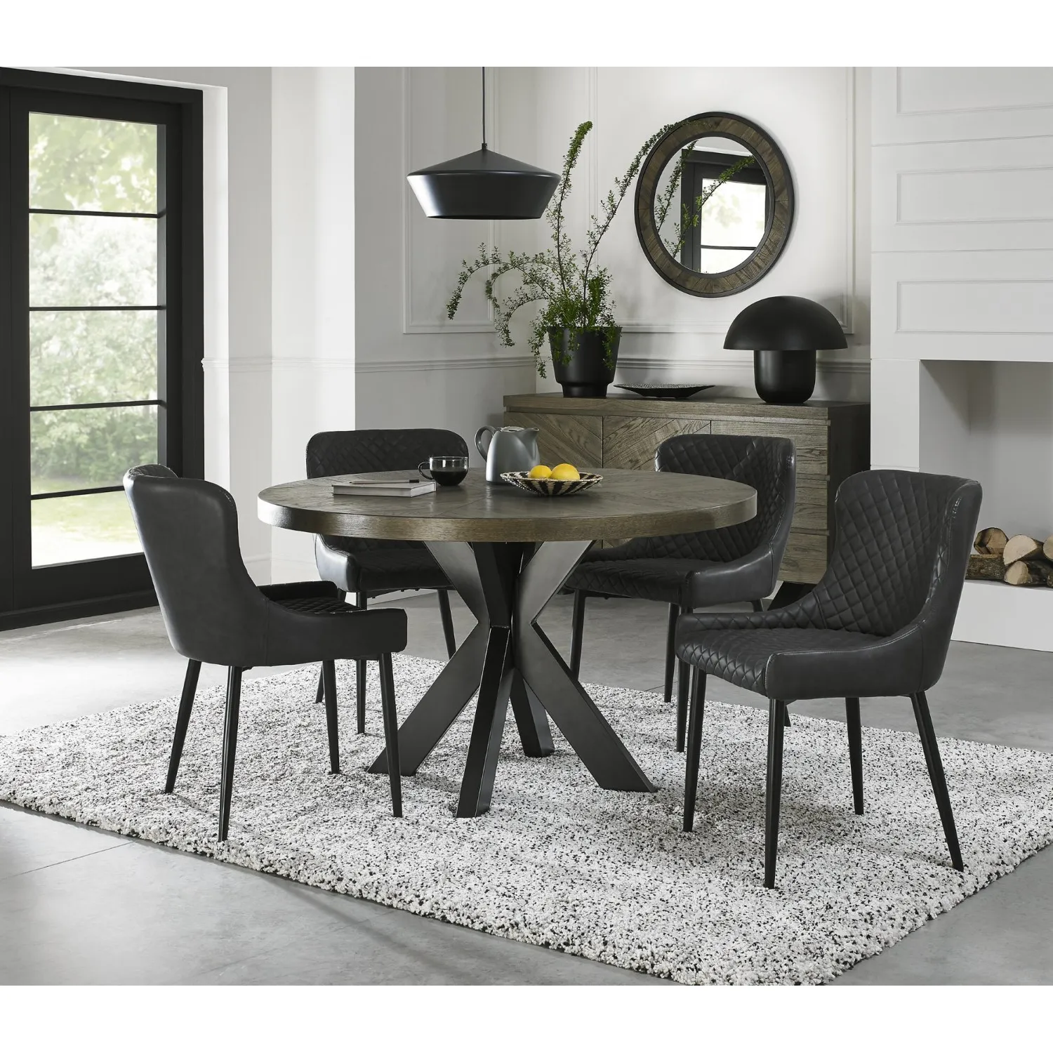 Dark Oak Small Dining Table Set 4 Dark Grey Leather Chairs