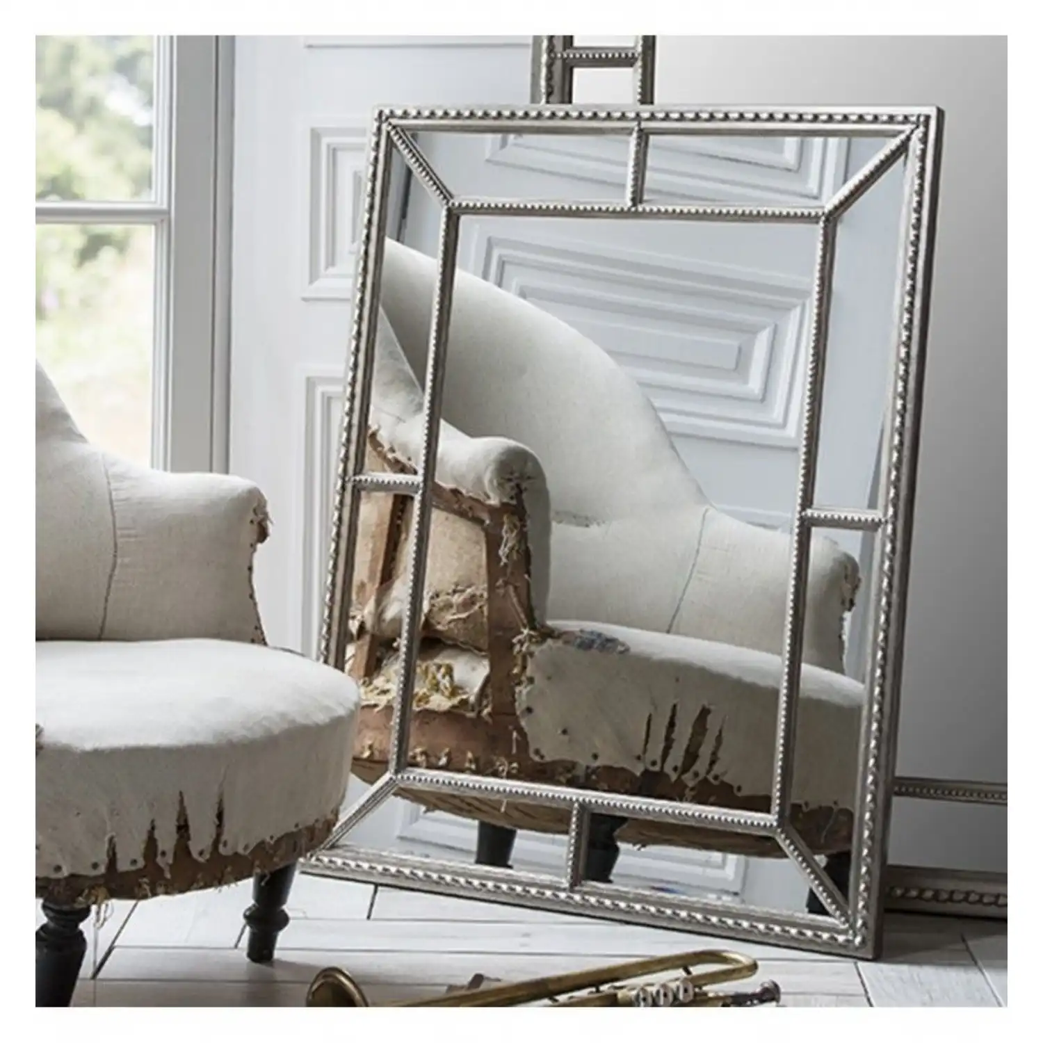Wall Mirror In Silver Pewter Intricate Patterned Bevelled Glass