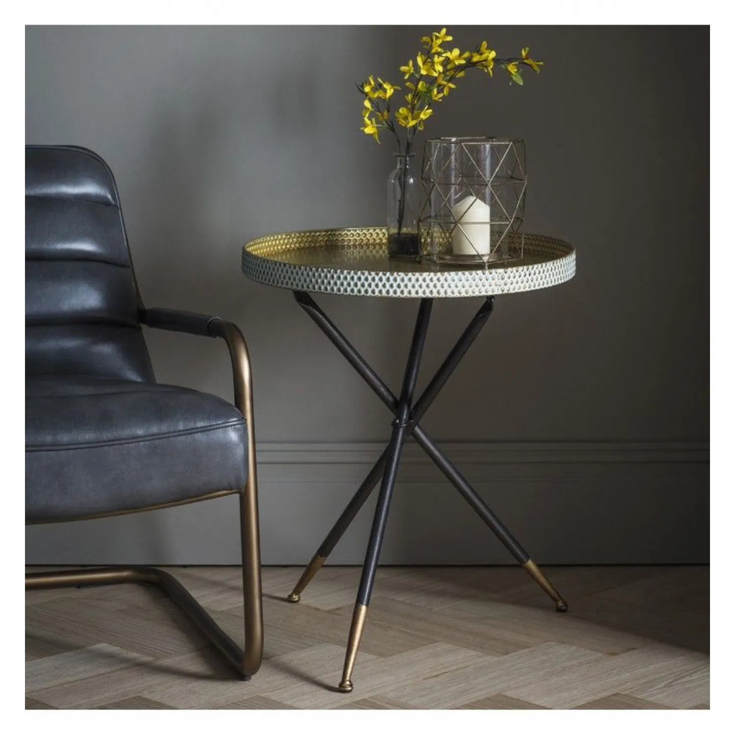 Distressed Duck Egg Gold Hammered Finish Round Side Table