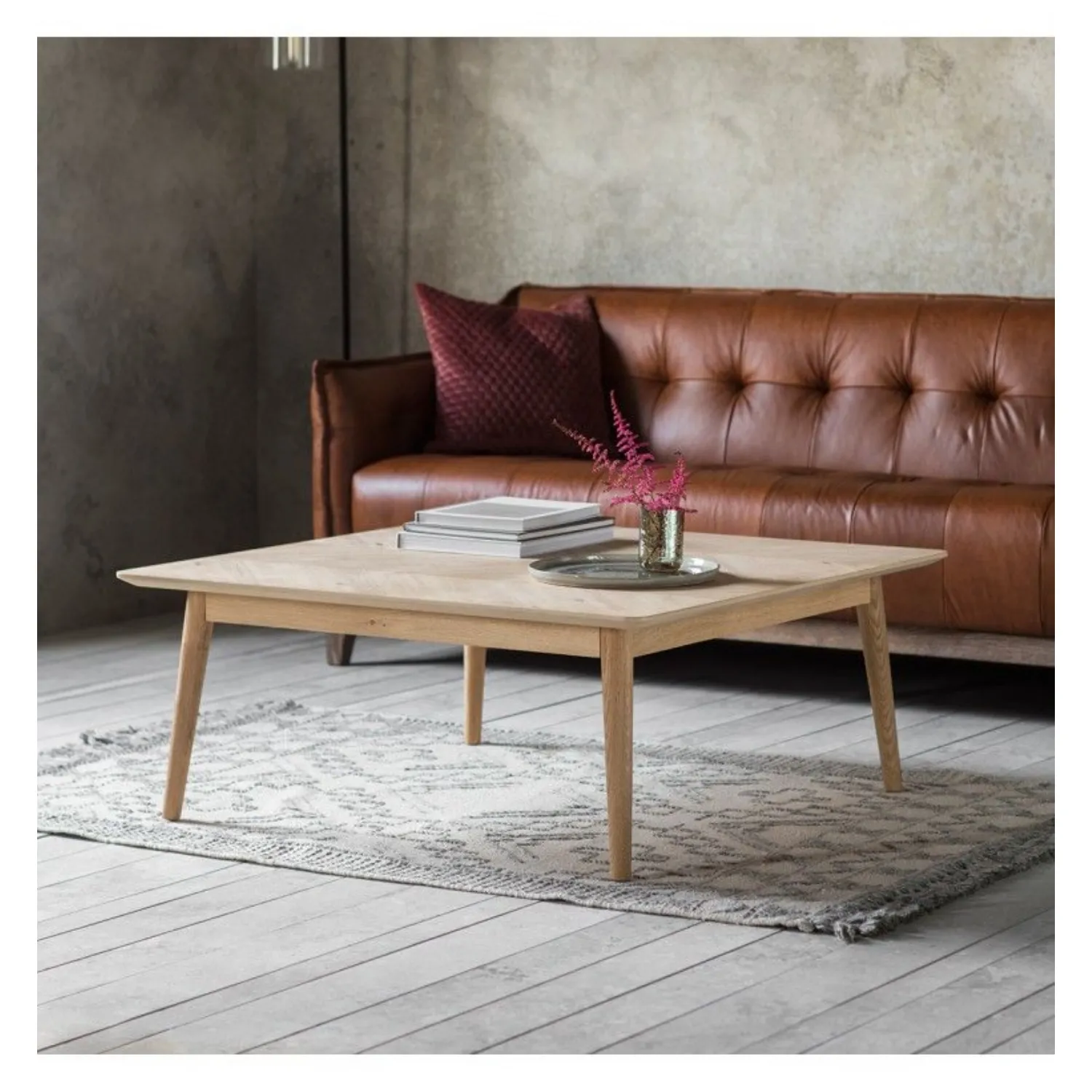 Large 100cm Square Light Oak Coffee Table Chevron Design