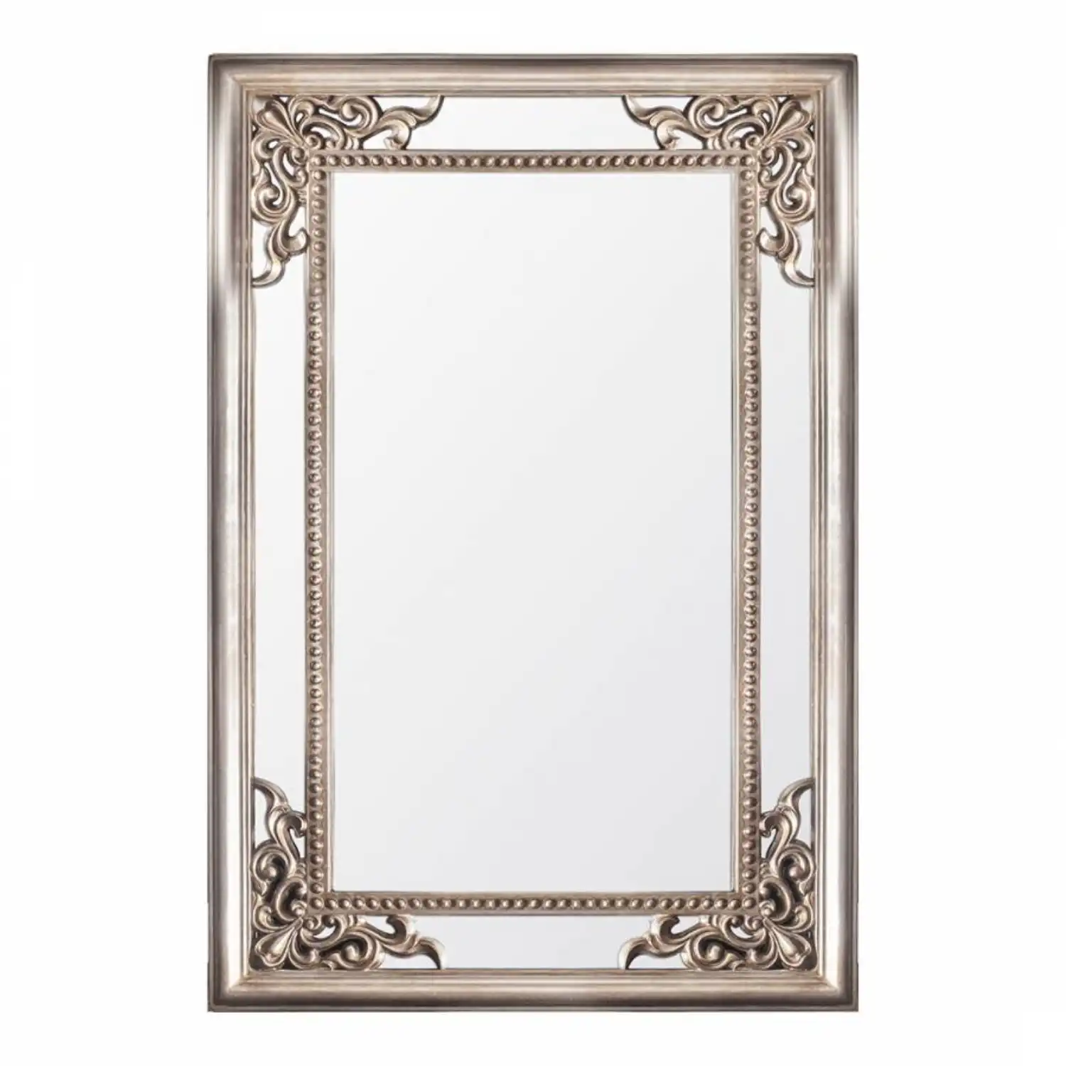 Traditional Ornate Champagne Silver Rectangular Bevelled Large Wall Mirror