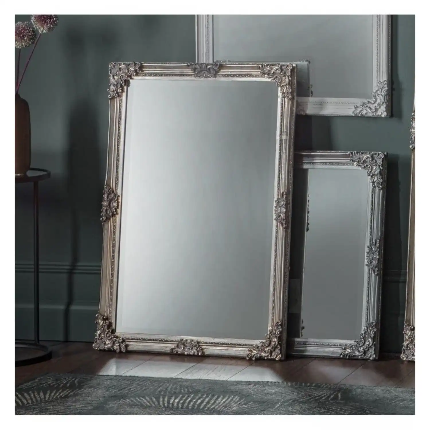 Vintage French Style Large Rectangle Ornate Decorative Silver Framed Wall Mirror 92x61x5cm