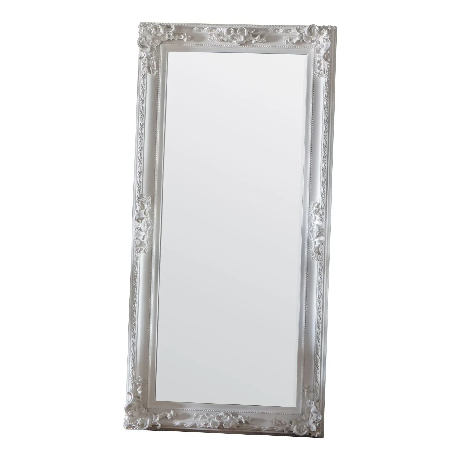 Tall White Painted Ornate Carved Leaner Floor Mirror