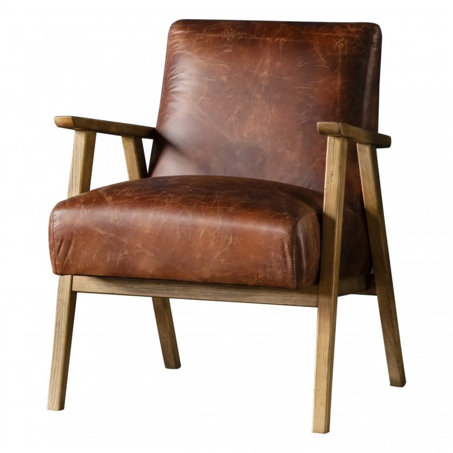 Vintage Tan Brown Leather Armchair with Oak Legs and Arms