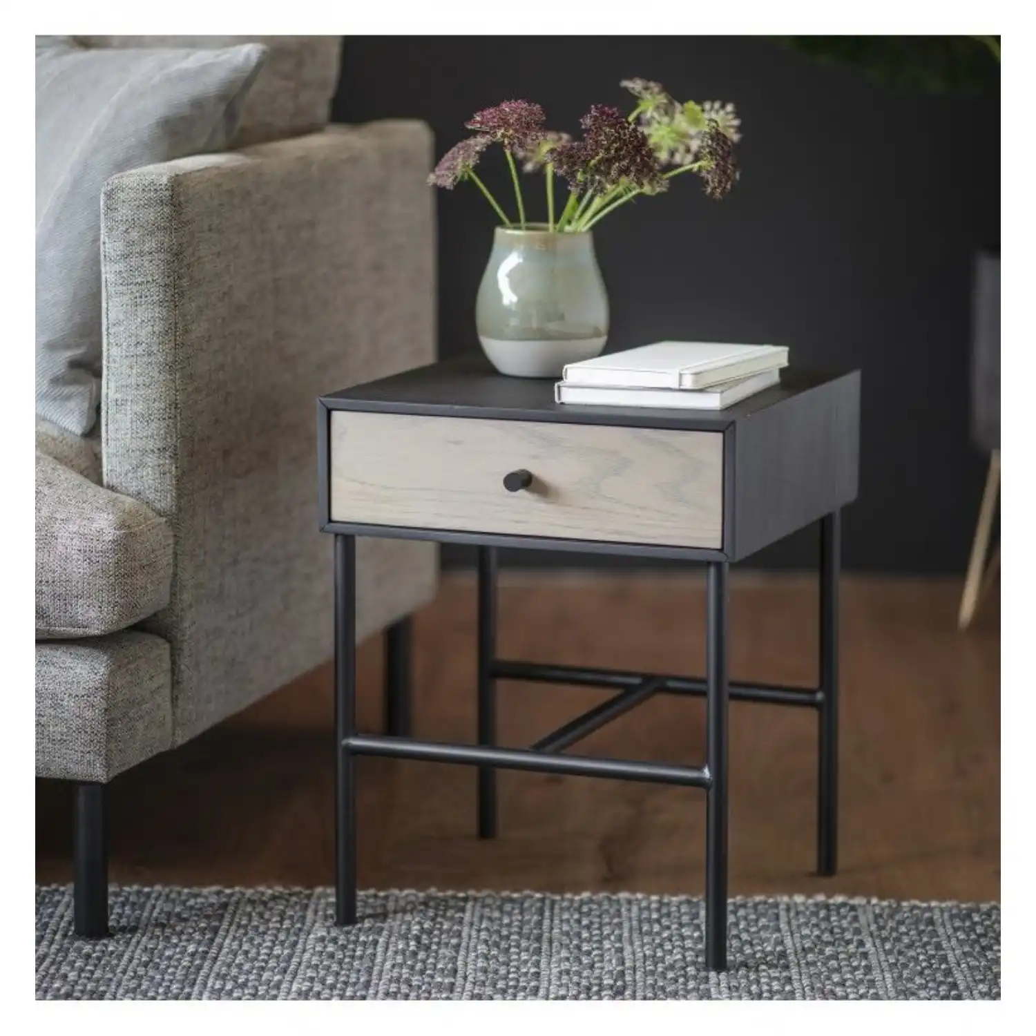 Modern Style Grey And Black Oak Wood Panel Bedside Table With Drawer 50x40cm