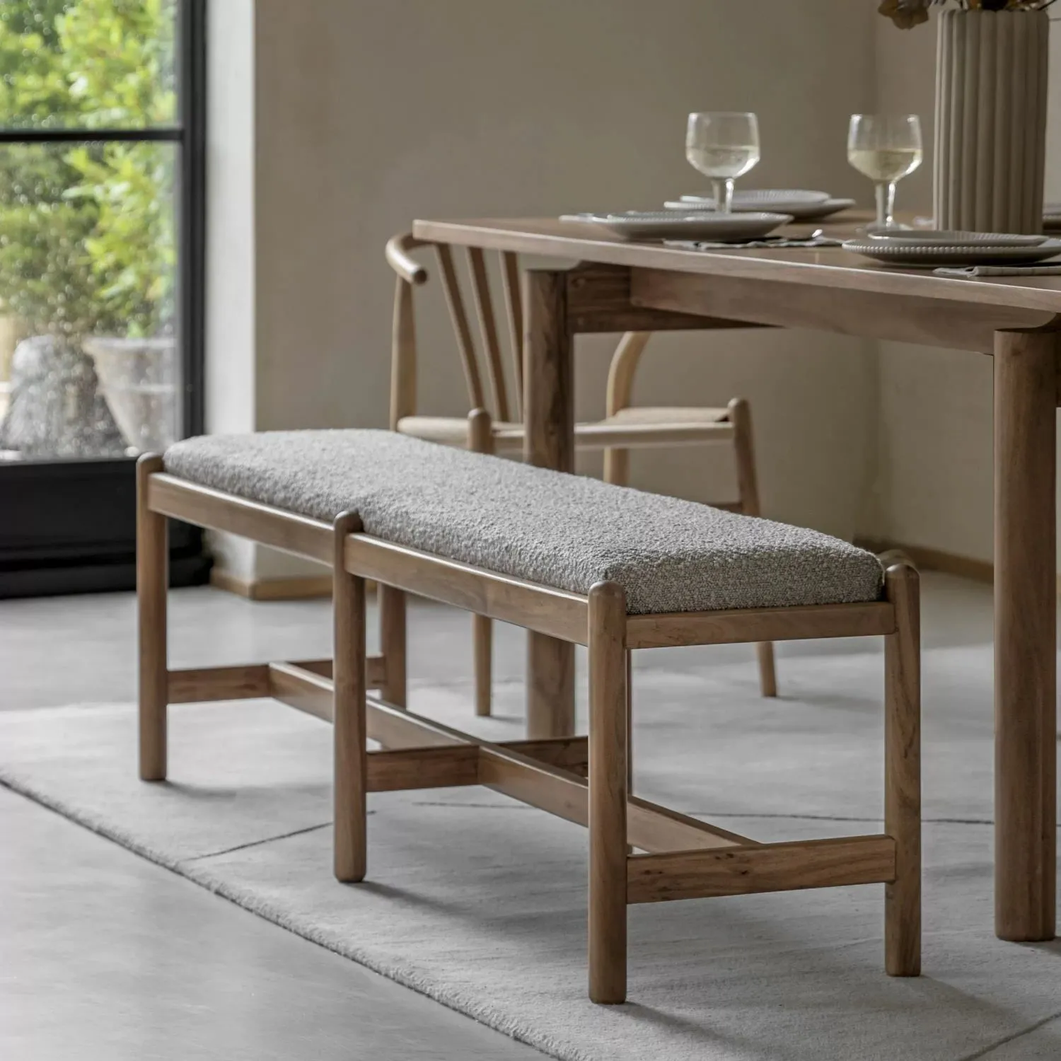 Retro Natural Wood Large Dining Bench Grey Fabric Seat
