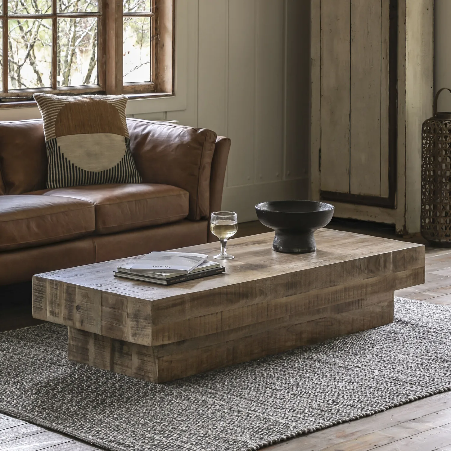 Rustic Natural Wood Solid Block Low Coffee Table