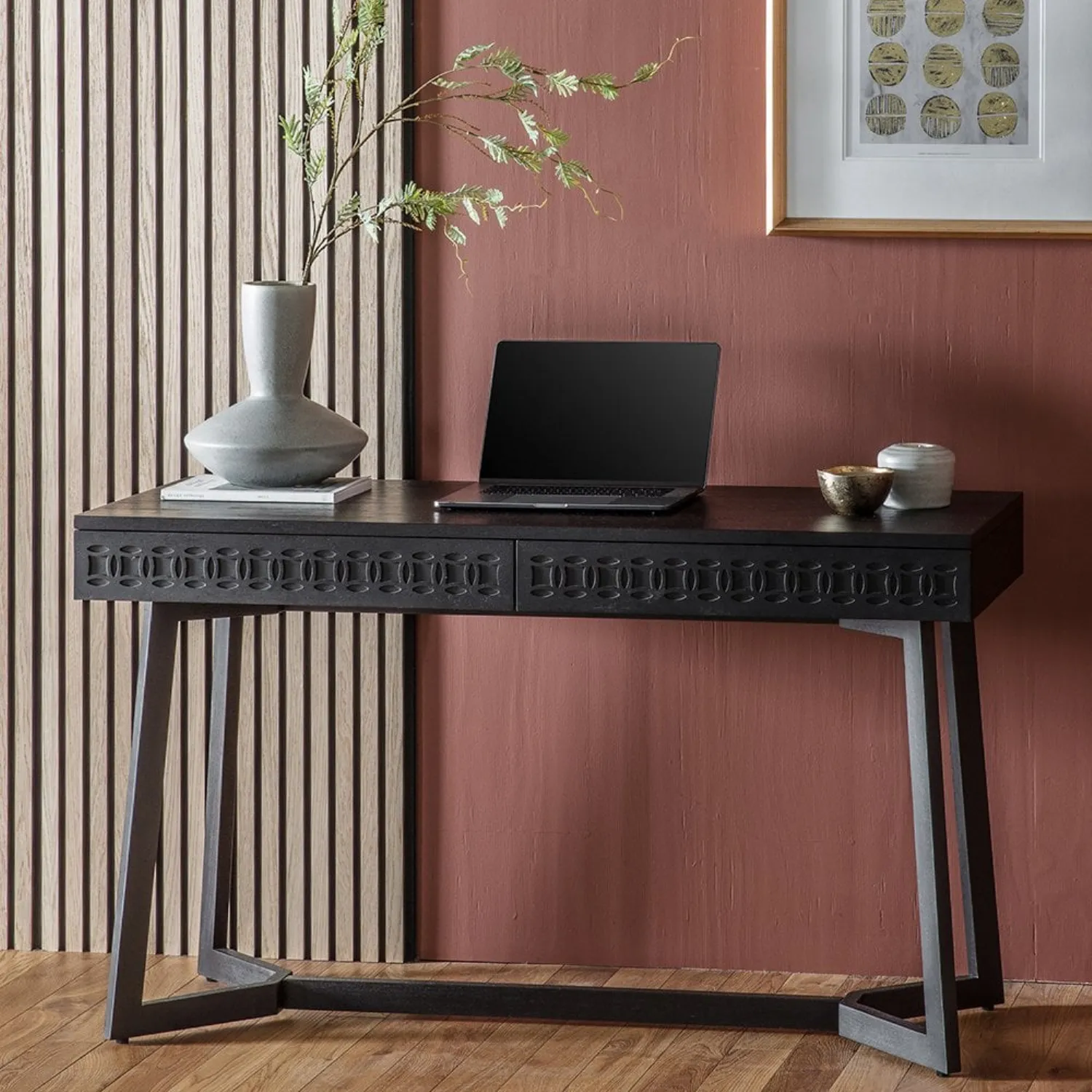 Dark Wood Rectangular Office Desk with Gothic Fretwork